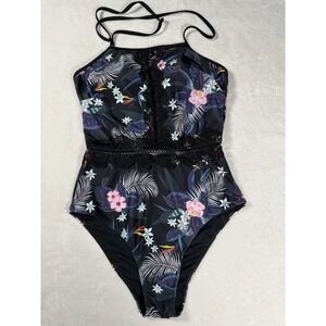 Peddney Vintage Lace One Piece Halter Swimsuit M Black Tropical Floral‎